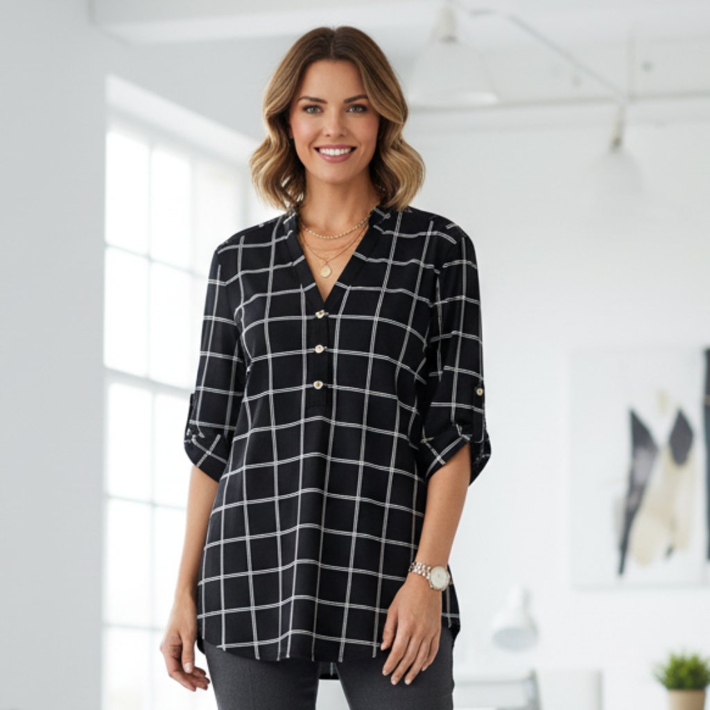 Perseption Concept M Top Black White Plaid Popover Office Minimalist Neutral Mod